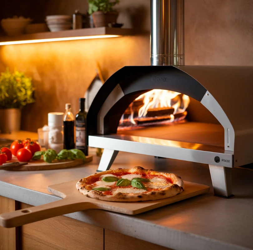 Cover image of a home pizza oven and a freshly baked pizza.