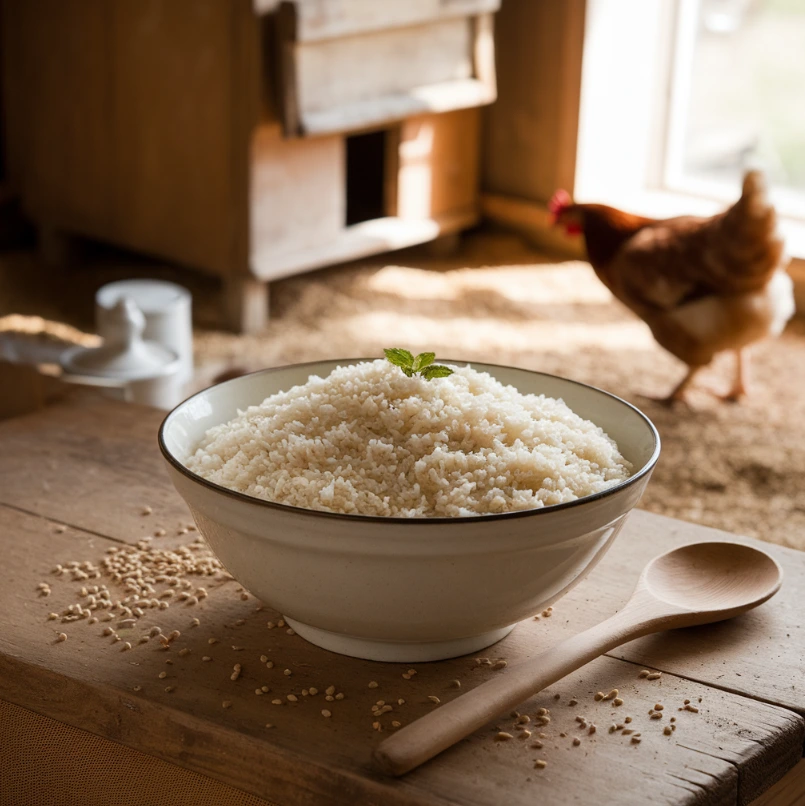 Bowl of cooked rice on a wooden table with a hen in the background.