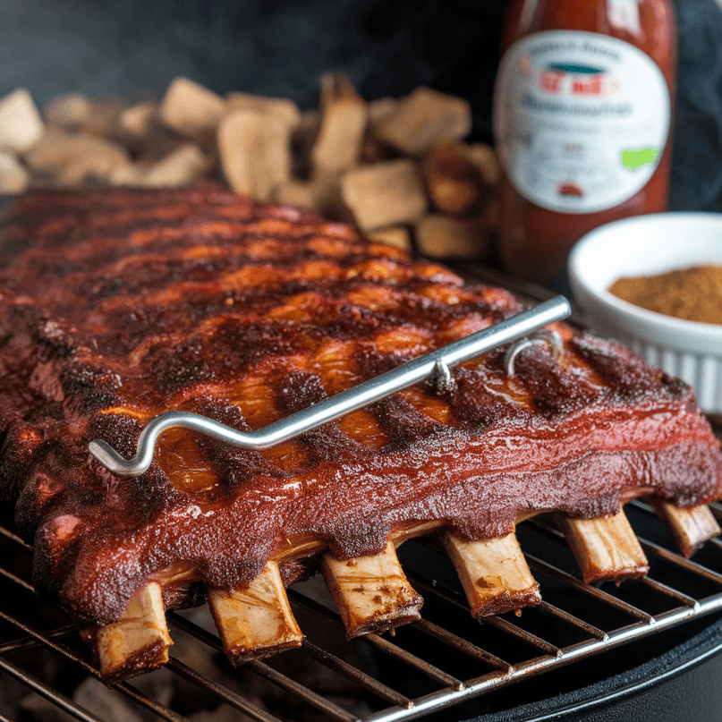 Close-up of dino ribs slow-cooking on a smoker, with a meat thermometer and BBQ setup.