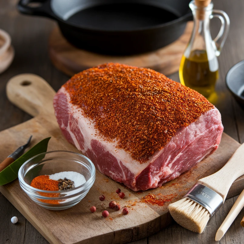 A raw chuck roast seasoned with spices, ready for smoking.