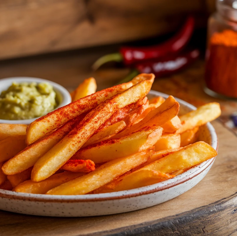 Hot fries served with guacamole dip and chili powder in a rustic kitchen setting.