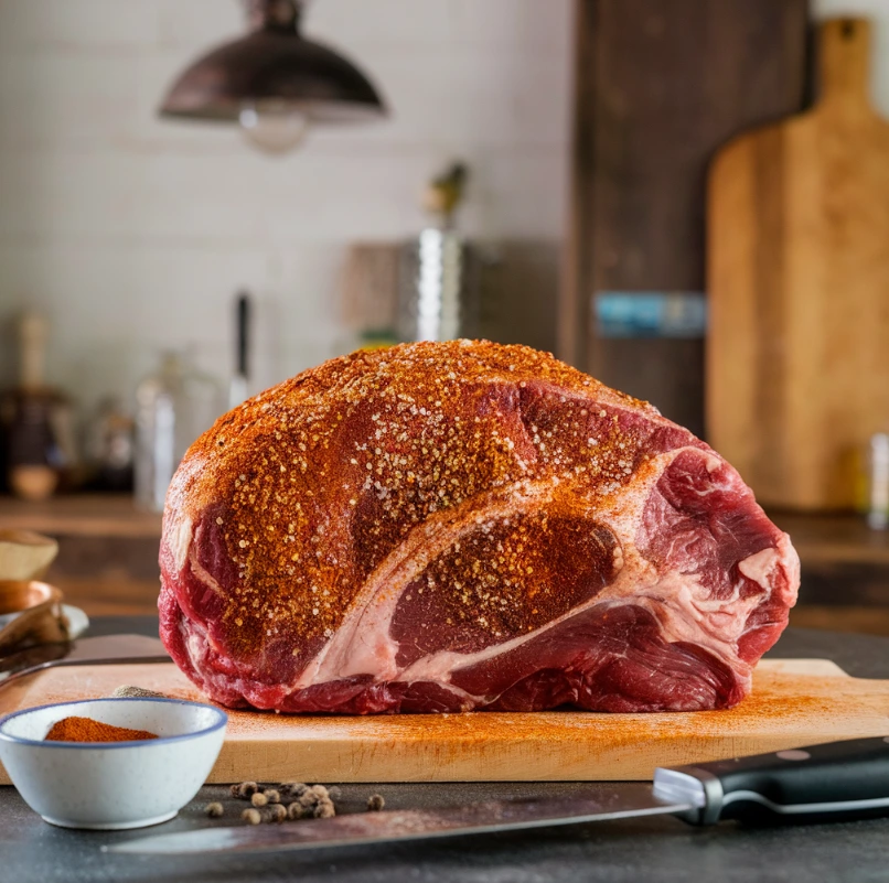 A chuck roast being seasoned with spices in a rustic kitchen setting