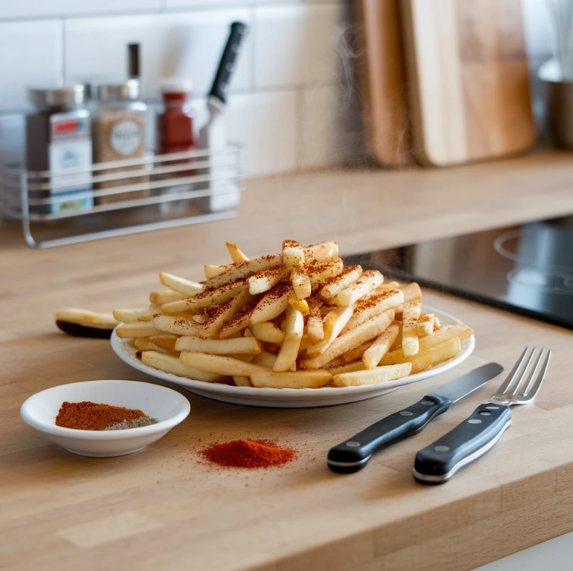 Hot fries on a plate, generously seasoned with spices in a modern kitchen