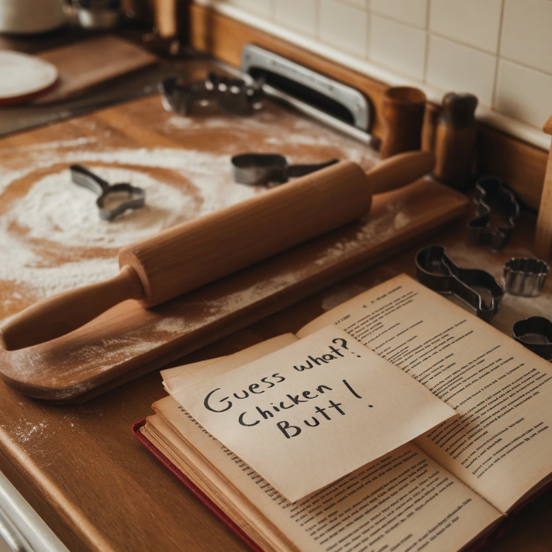 A vintage kitchen countertop with baking tools, a recipe book, and a handwritten note reading 'Guess What? Chicken Butt!' evoking nostalgia and childhood charm.