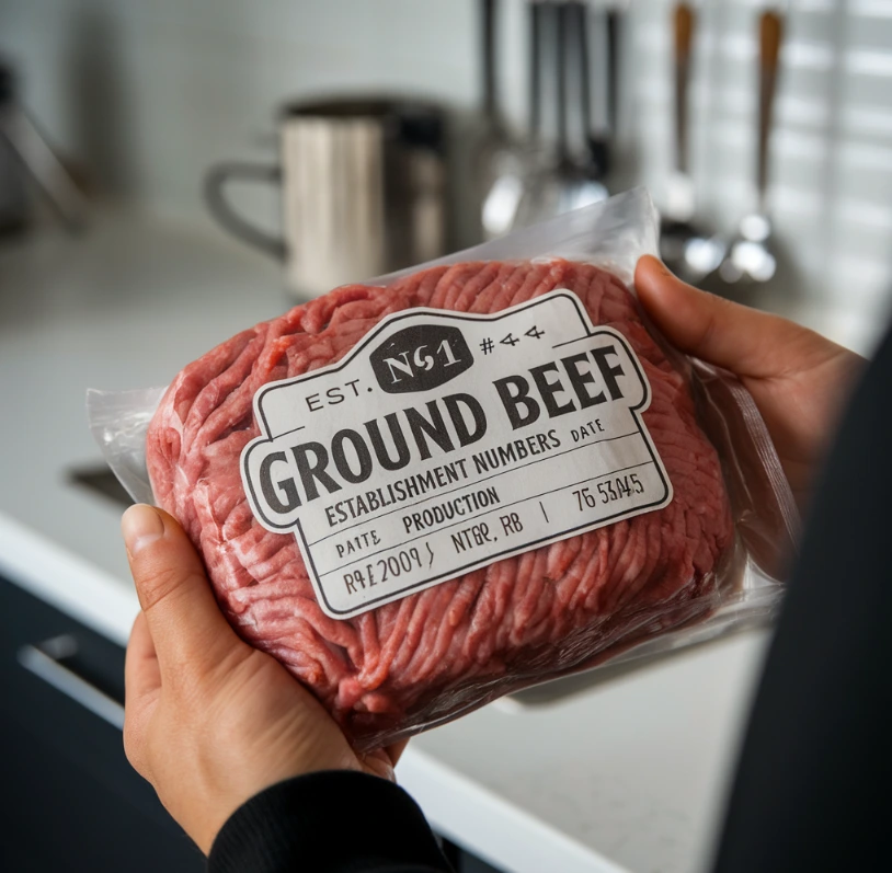 Person inspecting ground beef packaging with establishment numbers and dates in a modern kitchen setting.