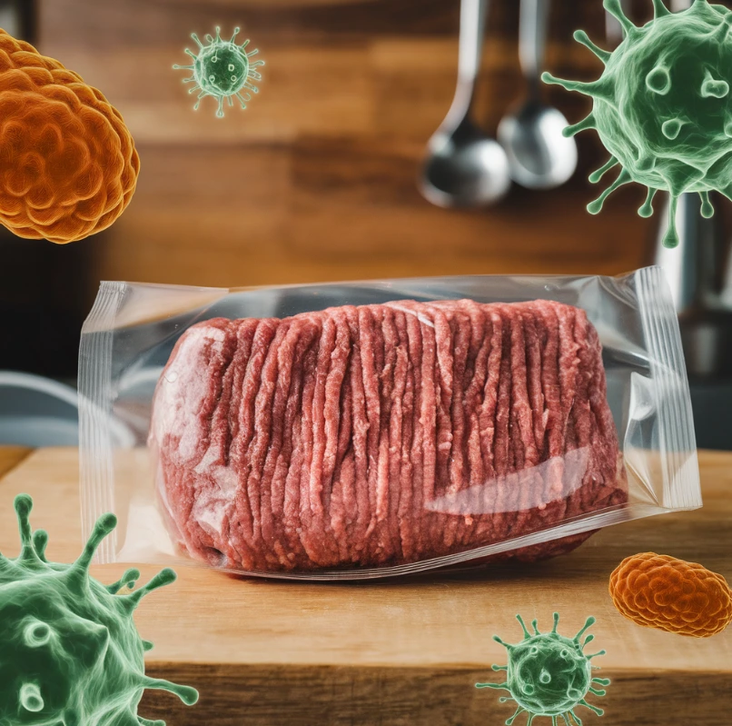 Close-up of ground beef with bacteria particles like E. coli and Salmonella visualized