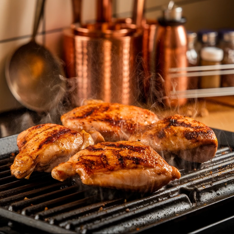 Marinated chicken being grilled with charred marks and rising steam