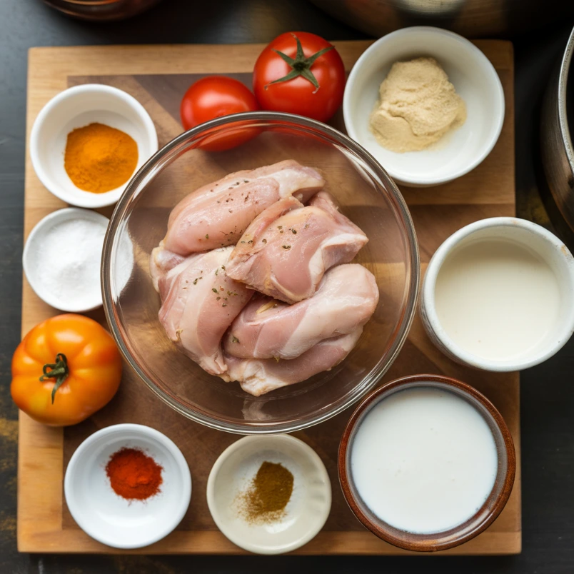 Ingredients for nut-free butter chicken, including marinated chicken and spices.