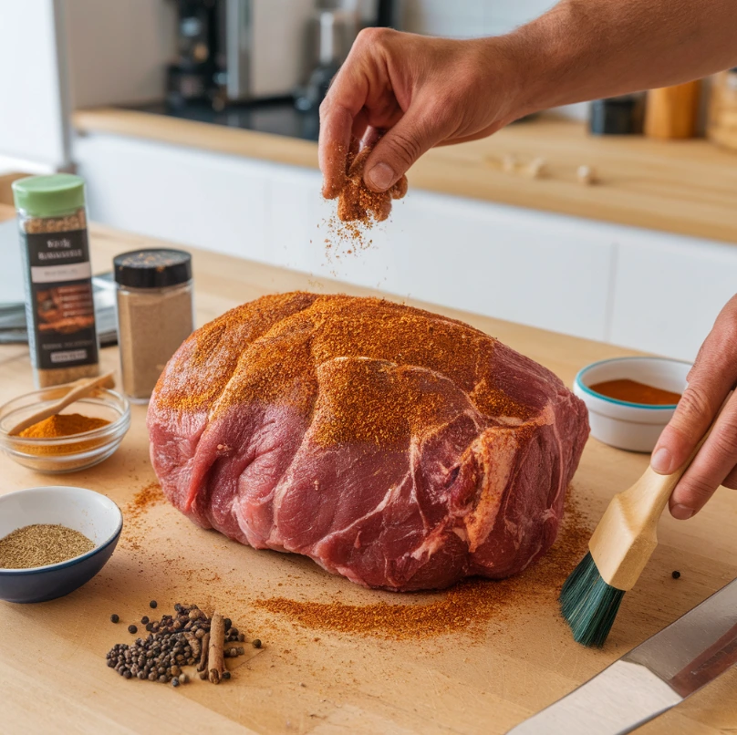 Chuck roast being seasoned with a dry rub and spices.