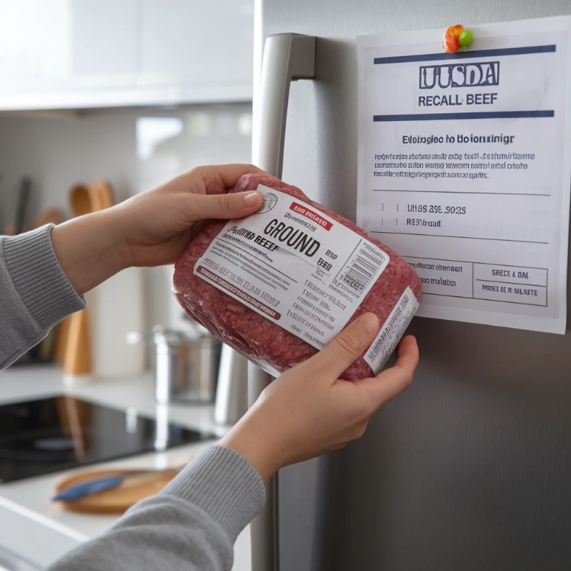 Person checking ground beef packaging with a USDA recall notice in a kitchen setting.