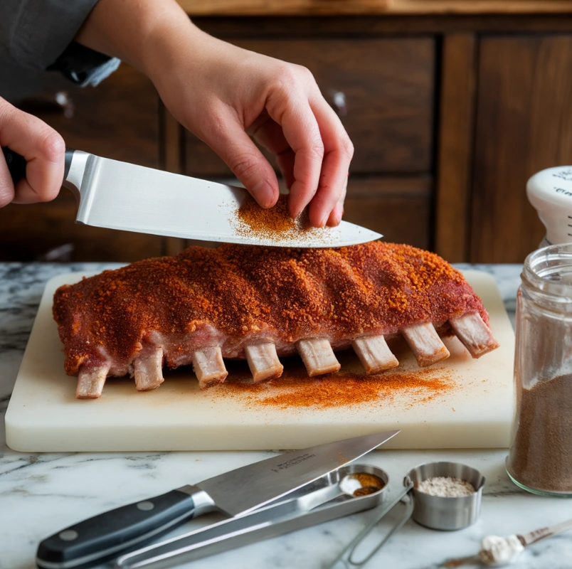 Hands seasoning beef back ribs with a dry rub in a rustic kitchen.