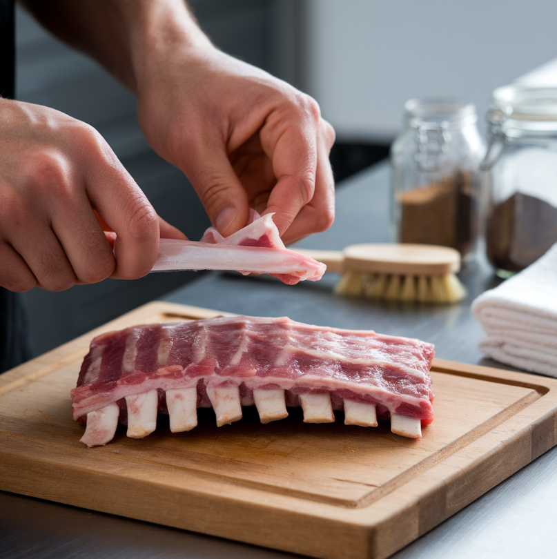 A chef peeling the membrane off raw baby back ribs on a wooden cutting board.