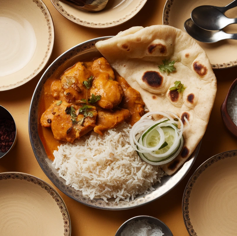 Butter chicken served with basmati rice, naan bread, and cucumber salad on an Indian-style plate