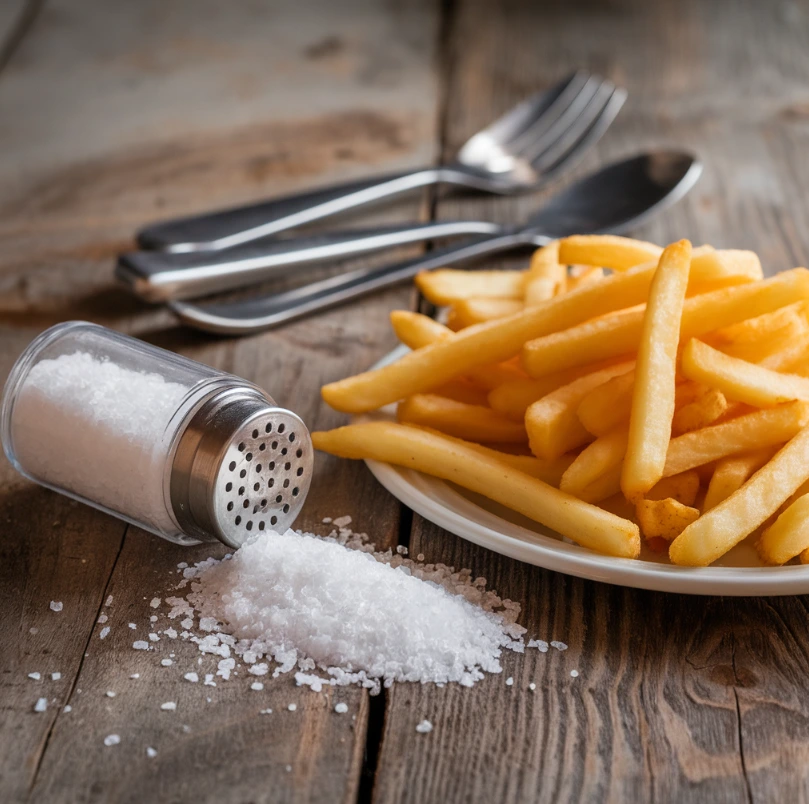 Spilled salt shaker next to a plate of hot fries on a rustic wooden table