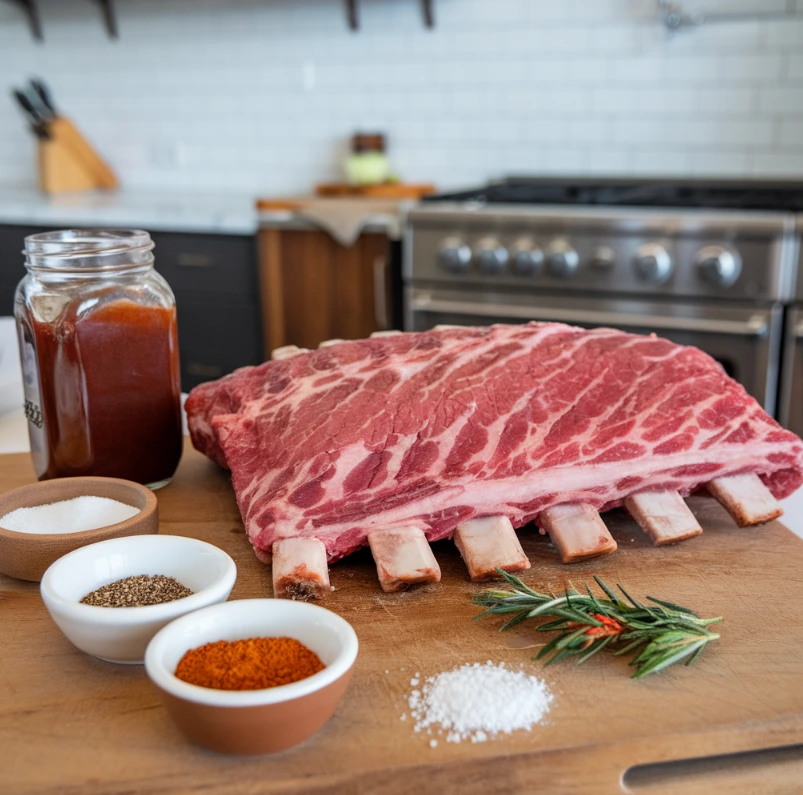 Fresh beef back ribs with spices and barbecue sauce on a white countertop.