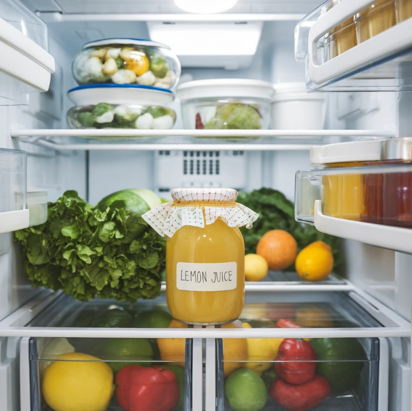 Labeled jar of lemon juice stored in a refrigerator.