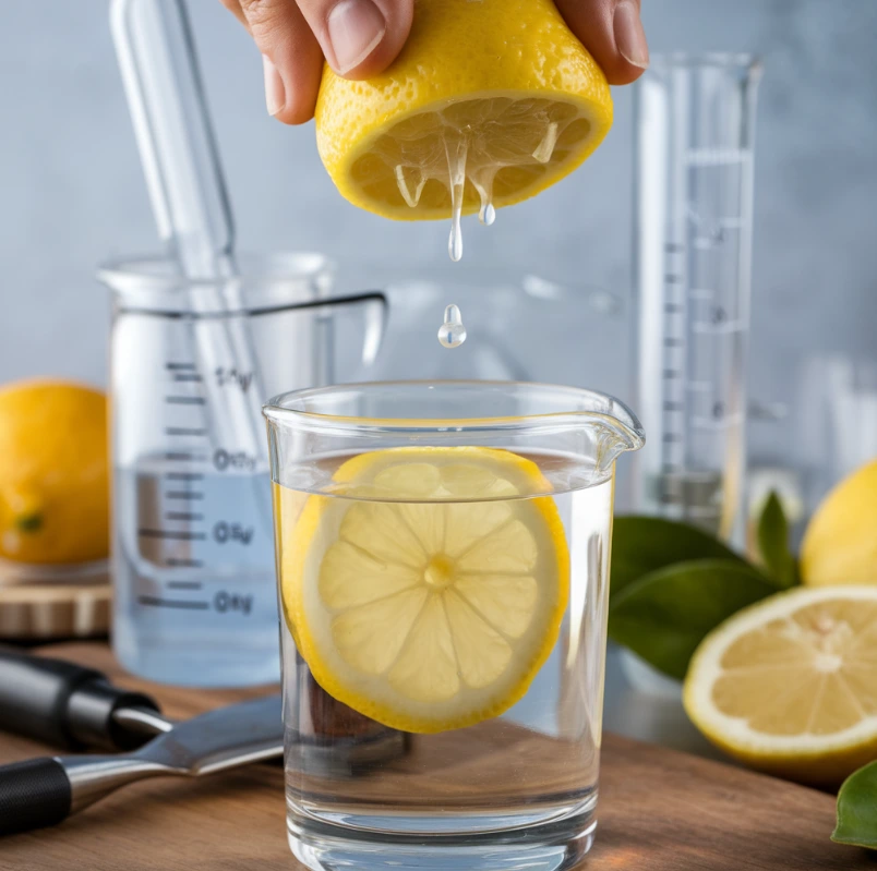 Lemon juice being squeezed into a glass with scientific beakers