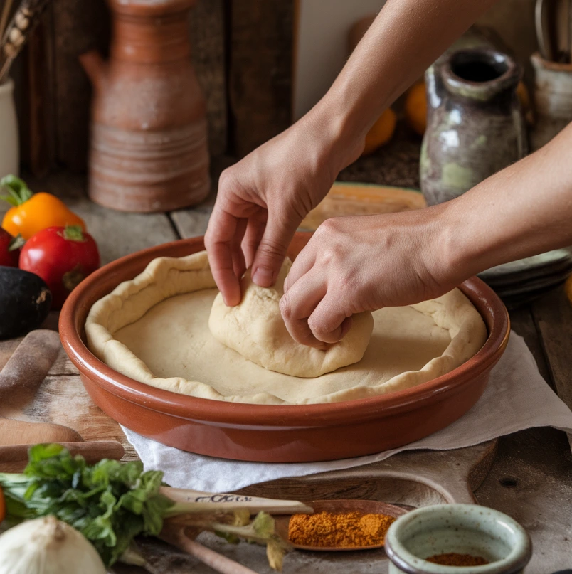 Hands preparing a terracotta pie in a rustic kitchen with earthy decor.