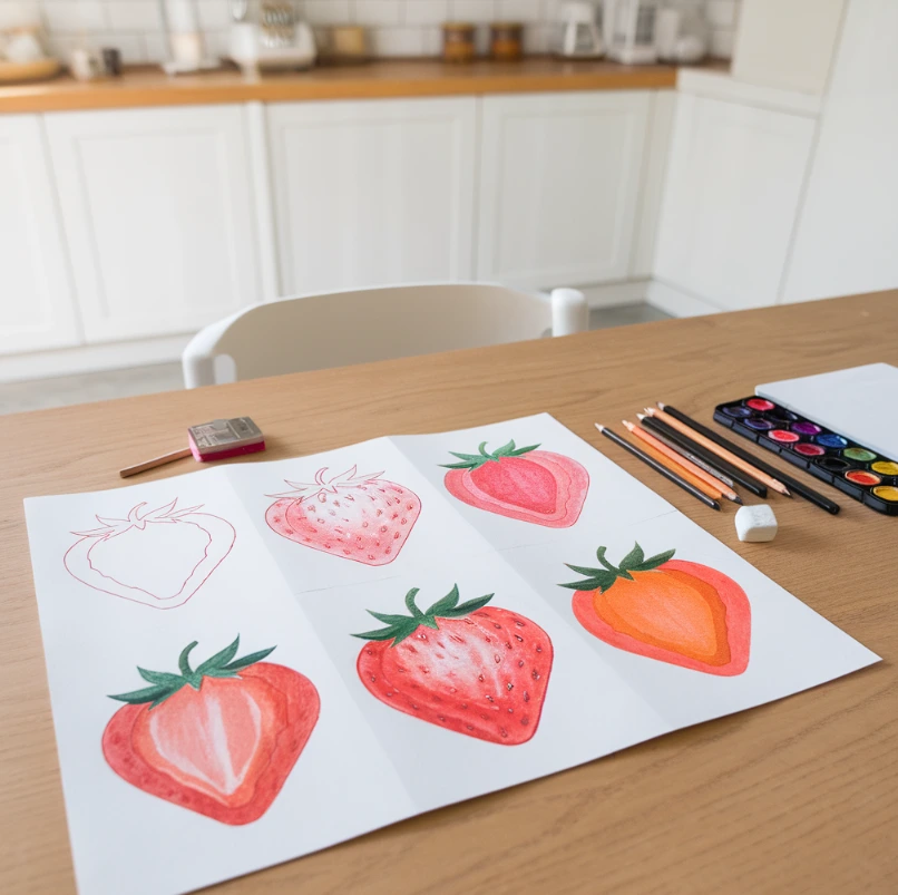 Step-by-step strawberry drawing progression on a wooden table.