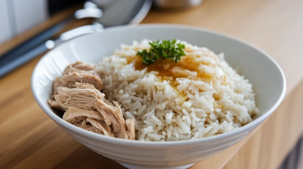 A bowl of soft jasmine rice with chicken broth and shredded chicken, served on a wooden countertop.