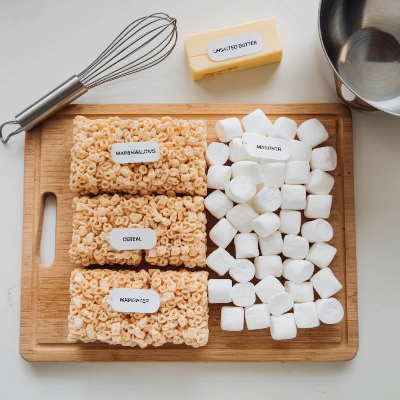 Ingredients for Rice Krispies Treats, including cereal, marshmallows, and butter, on a cutting board.