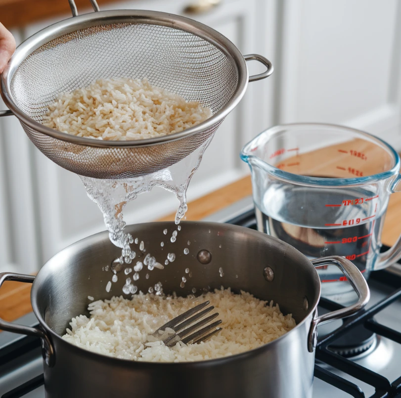 Step-by-step process for cooking rice, including rinsing, measuring water, and cooking.