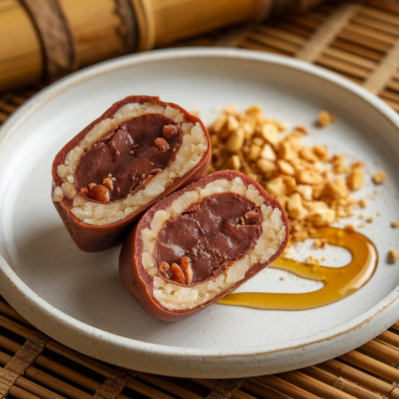 Close-up of a red bean rice ball revealing sweet red bean filling.