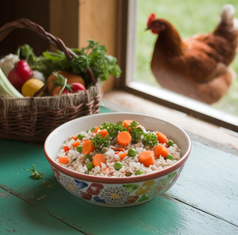 Cooked and uncooked rice plates on a kitchen counter with a chicken feeder in the background.