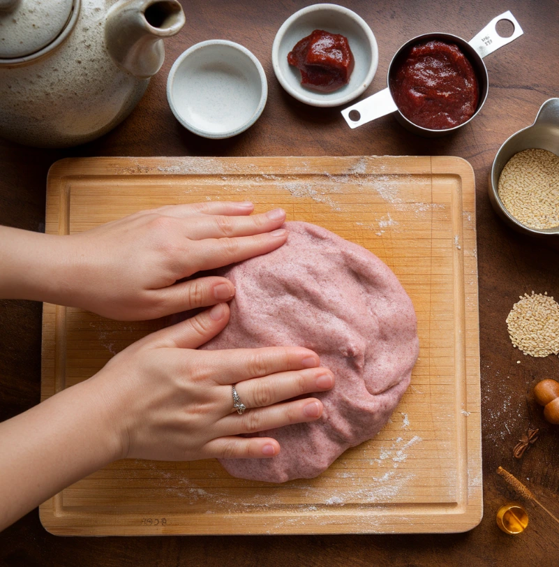 Preparing red bean rice balls with dough kneading and ingredients in a rustic Asian kitchen.