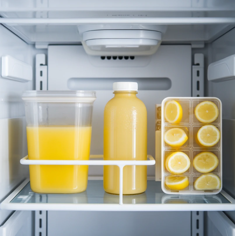 Refrigerated lemon juice in an airtight container, bottle, and frozen cubes on a shelf