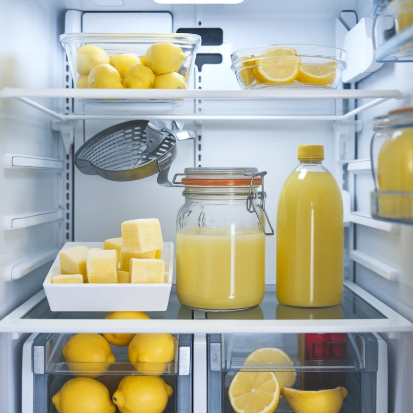 Refrigerator shelf with fresh lemon juice, frozen lemon cubes, and bottled lemon juice.