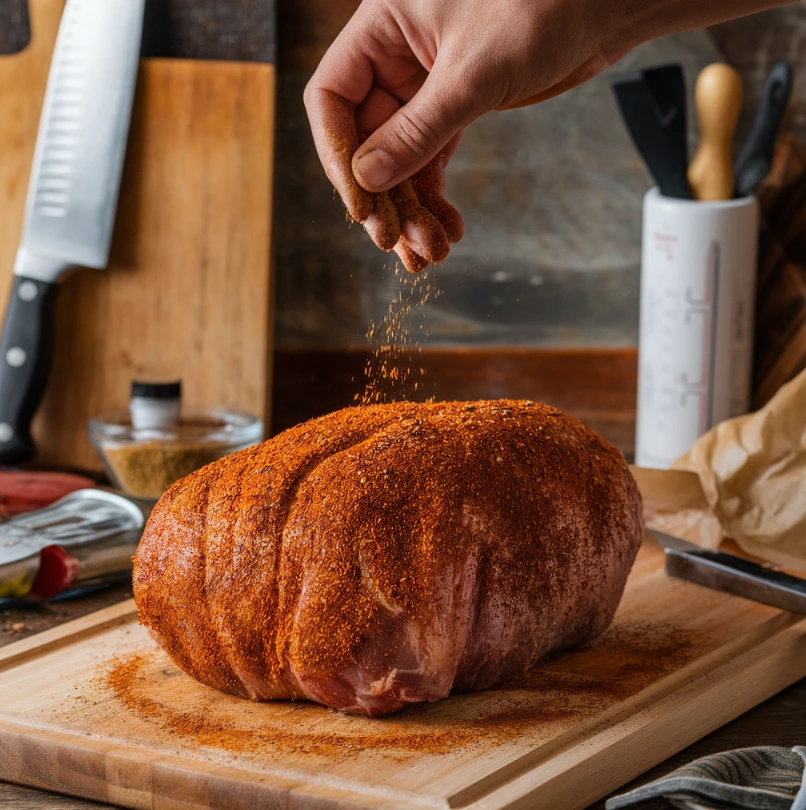 Chuck roast being seasoned with spices on a wooden cutting board.