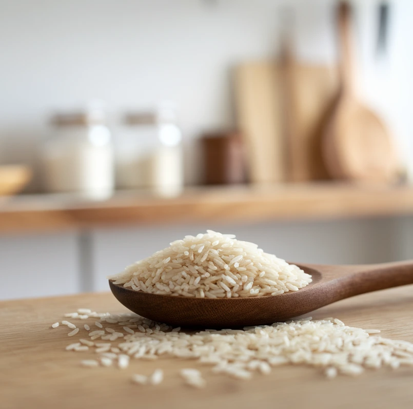 Close-up of rice grains on a wooden spoon in a kitchen setup.