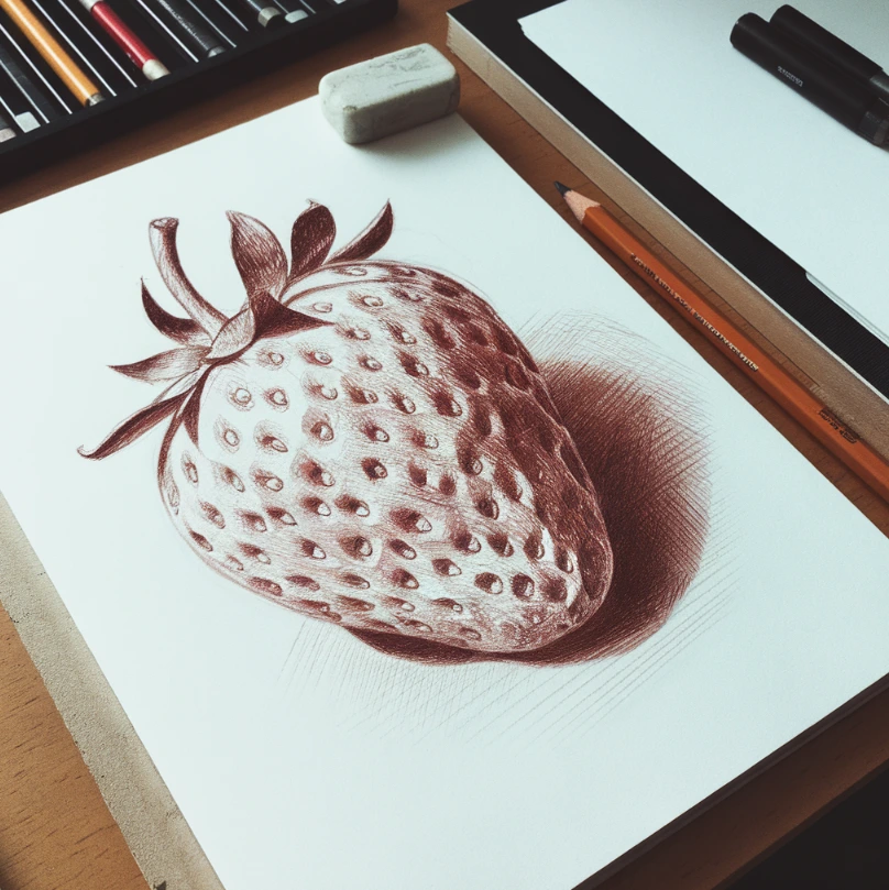 A partially completed strawberry sketch on a drawing pad with shading details.