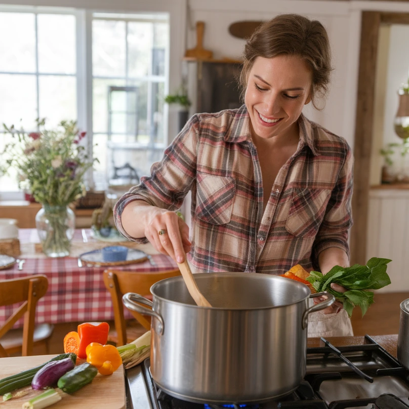 Woman cooking a hearty meal in a rustic kitchen.