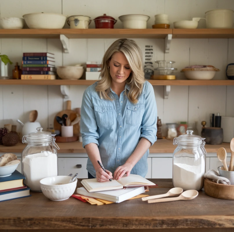 Ree Drummond in her kitchen surrounded by cookbooks and baking essentials.