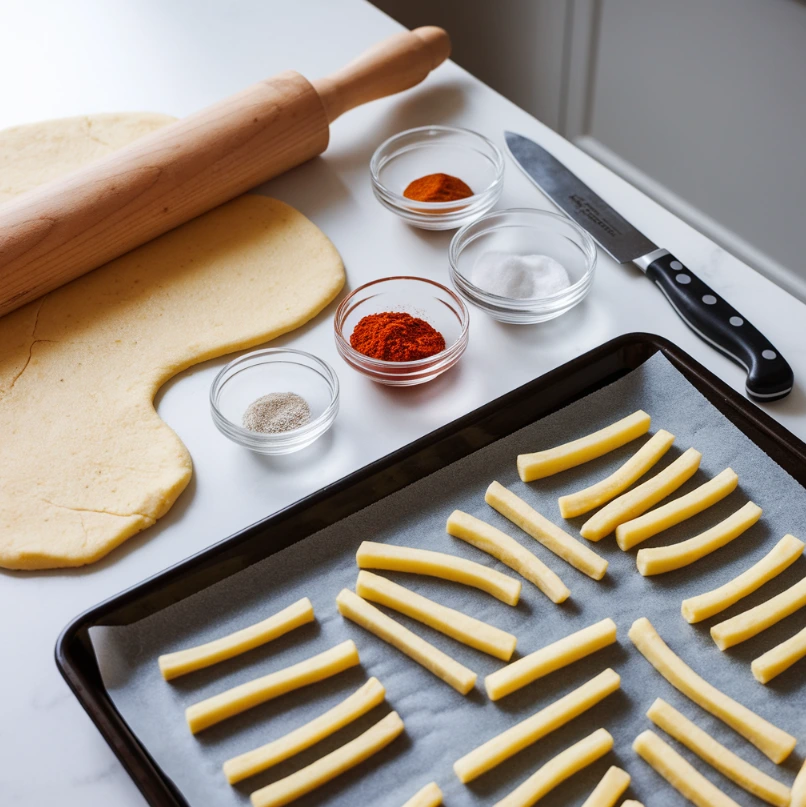 Ingredients and tools for making homemade hot fries, including dough, spices, and a baking tray.