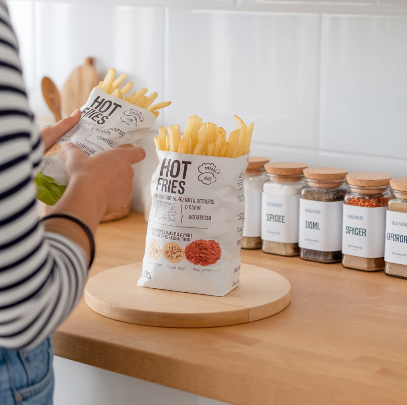 A person reading the ingredient label on a hot fries package in a modern kitchen.