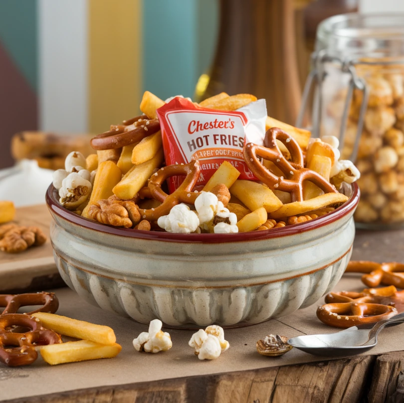 Snack mix bowl with Chester's Hot Fries, pretzels, popcorn, and nuts on a rustic wooden countertop.