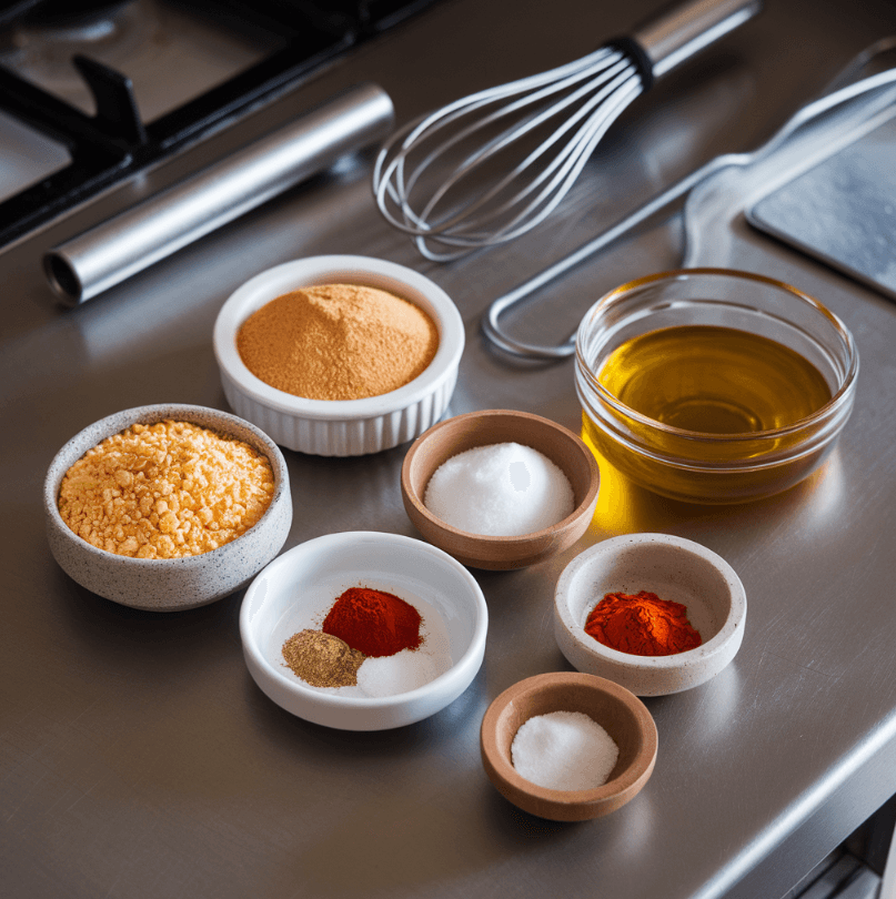 Ingredients for making hot fries, including cornmeal, paprika, chili powder, and cooking oil.