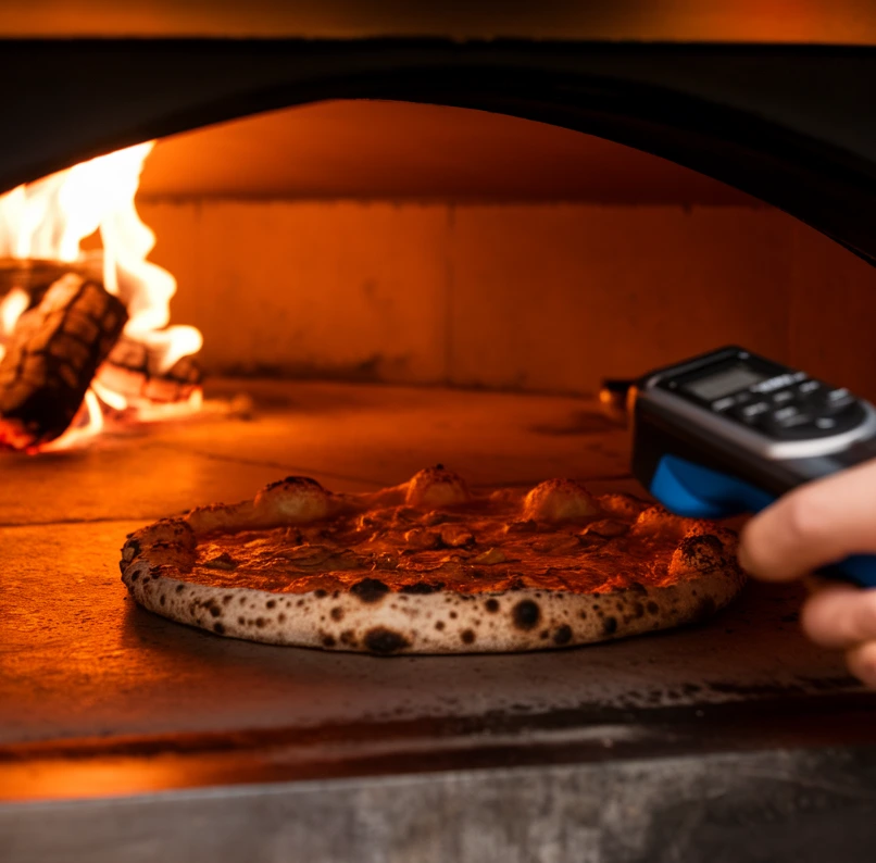 Checking the temperature of a pizza oven with an infrared thermometer.