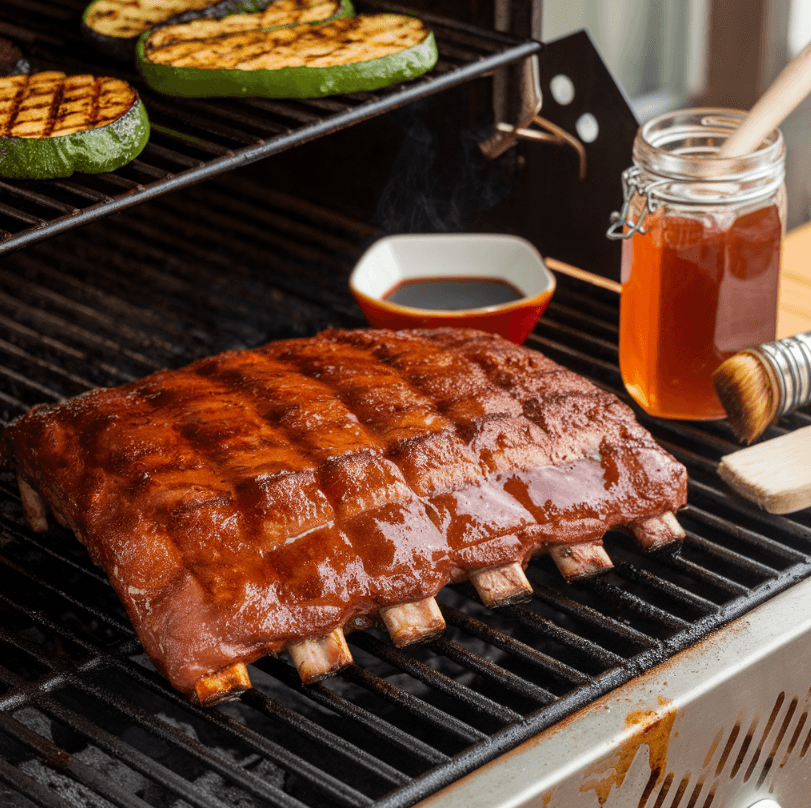 Beef back ribs with a glossy honey-soy glaze on a grill, accompanied by grilled vegetables