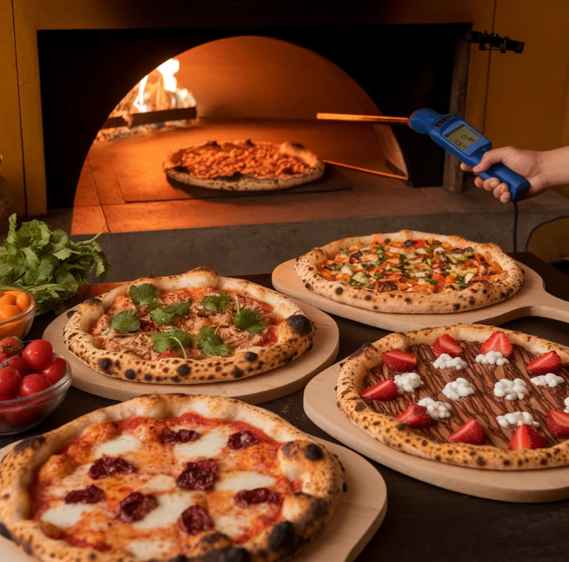 Four pizza variations showcasing Neapolitan, BBQ chicken, vegetarian, and dessert styles.