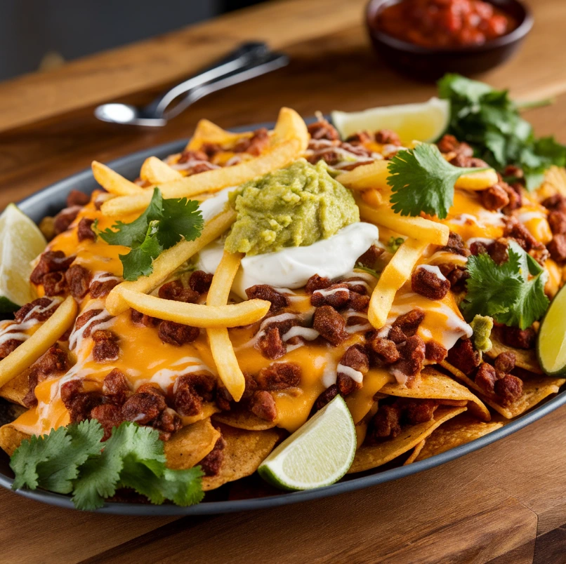 Loaded nachos topped with cheese, guacamole, sour cream, and Chester's Hot Fries on a wooden countertop.