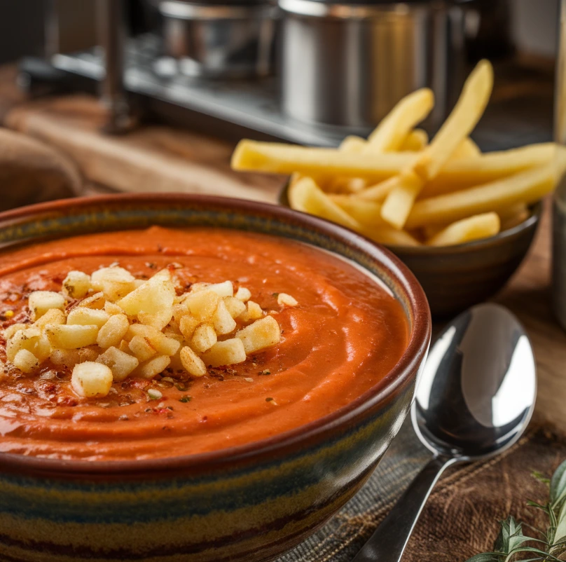 Creamy tomato soup garnished with crushed hot fries, served with a side of crispy fries in a modern kitchen.