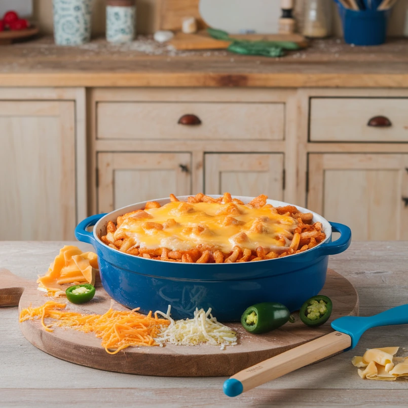 Crushed hot fries used as a topping on a cheesy casserole in a rustic kitchen.