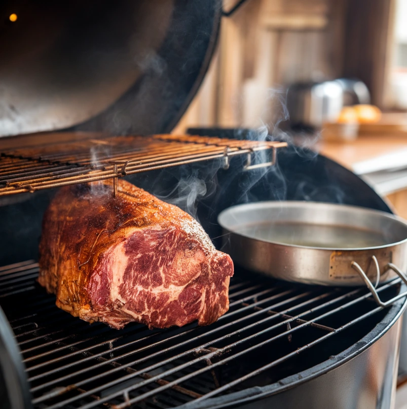 Chuck roast smoking on a grill with light smoke and a water pan for moisture