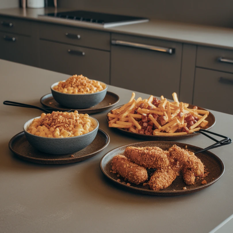 Mac and cheese, nachos, and breaded chicken tenders made with hot fries.