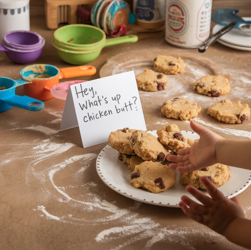 A kitchen scene with colorful baking tools, cookie dough, and children’s hands reaching for cookies, with a playful note reading 'Hey, What’s Up Chicken Butt?'.