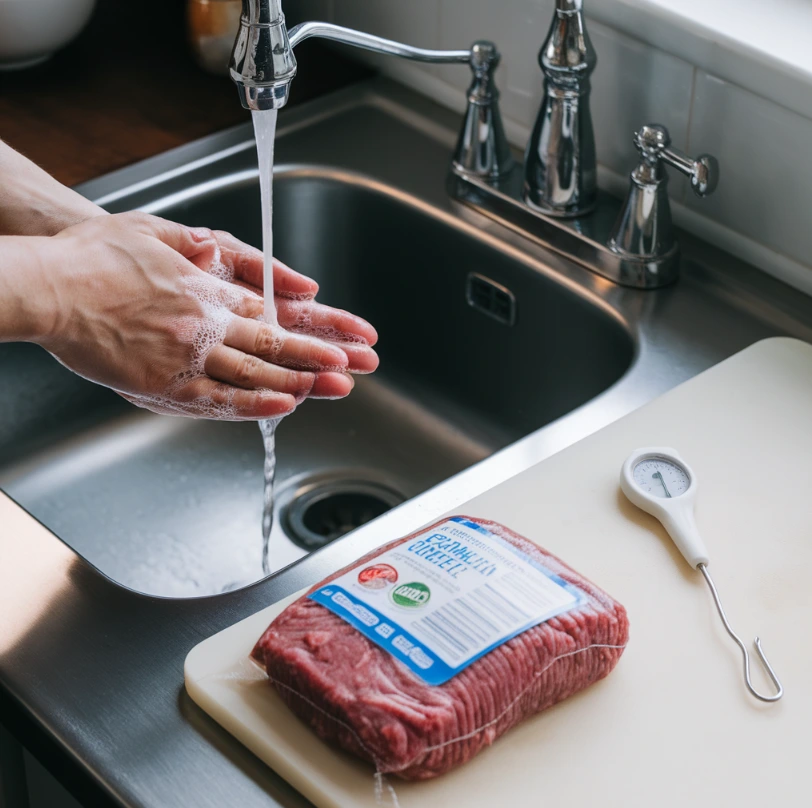 Person washing hands under a kitchen sink with raw beef, cutting board, and meat thermometer nearby.